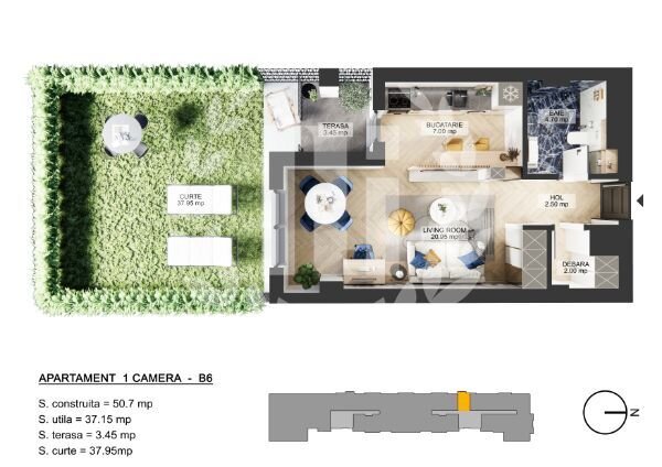 Ilfov Apartament 1 camera zona de Nord - 43.09 mp utili si curte